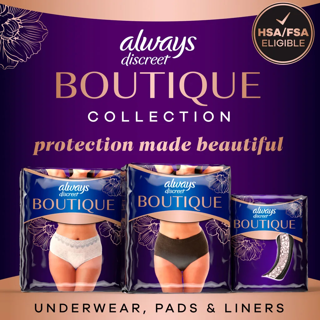 FSA/HSA eligible. Always Discreet product packages shown for pads and underwear.