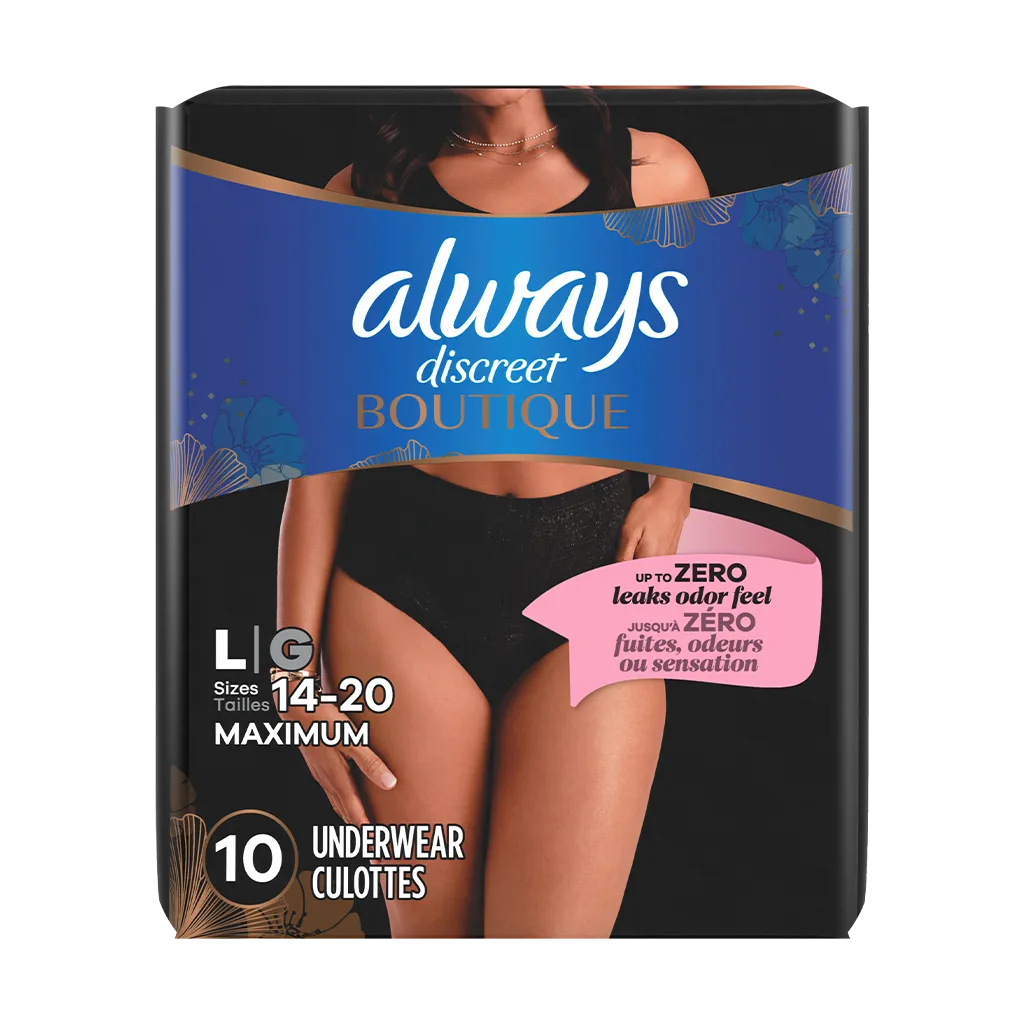 Always Discreet Boutique Incontinence Underwear, Black, Large 10 ct