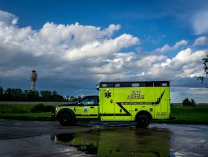 ARFF fire vehicle with GOAA tower in the background.