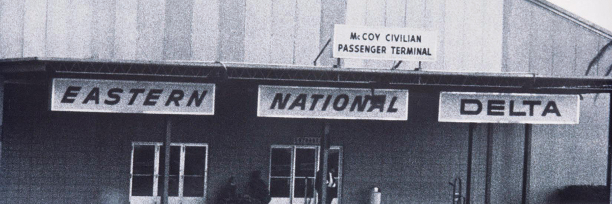 Old black and white outside photo of McCoy Civilian passenger terminal.
