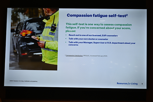 CSAC Culture Team - WORKSHOP Learn and Grow - Compassion Fatigue photo of a display screen showing a slide on compassion.