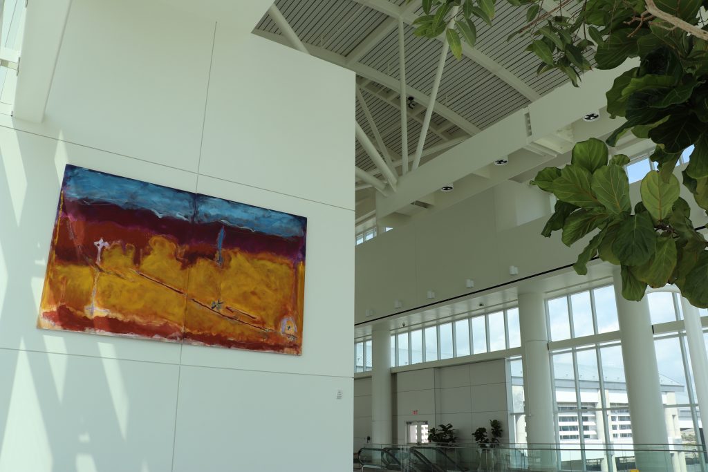 Artist: Diptych Cicero Greathouse (1950-2019)
Details: Year, 6 by 10 feet, Acrylic on canvas
Collection: GOAA Art Collection
Location: Level 5