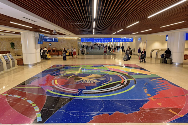 Artist: Scott Parsons
Details: 2017, 28 x 32 feet, epoxy terazzo floor
Collection: GOAA Art Collection
Location: Terminal A, Level 3, Entrance near Security Checkpoint for Gates 70-129