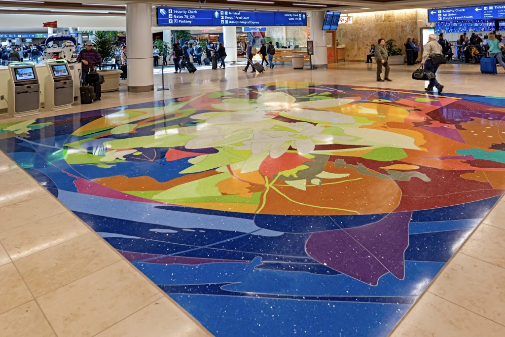 Artist: Scott Parsons
Details: 2017, 28 x 32 feet, epoxy terazzo floor
Collection: GOAA Art Collection
Location: Terminal A, Level 3, Entrance near Security Checkpoint for Gates 1-59