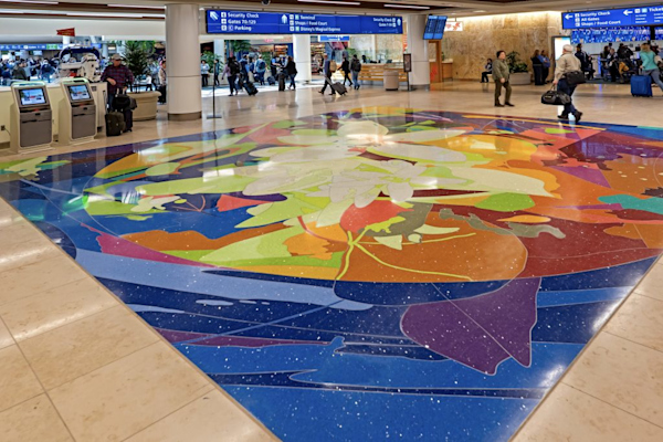 Artist: Scott Parsons
Details: 2017, 28 x 32 feet, epoxy terazzo floor
Collection: GOAA Art Collection
Location: Terminal A, Level 3, Entrance near Security Checkpoint for Gates 1-59