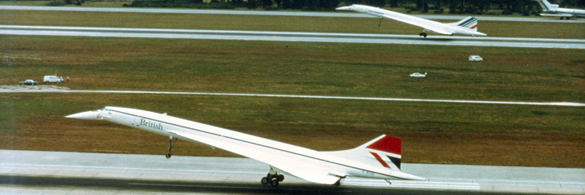 1982 color photo of a British Airways and Air France Concorde aircraft landing at MCO to celebrate the opening of British and French pavilions at Walt Disney World's EPCOT.