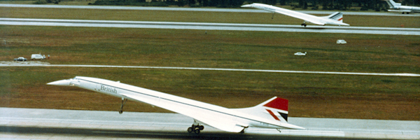 1982 color photo of a British Airways and Air France Concorde aircraft landing at MCO to celebrate the opening of British and French pavilions at Walt Disney World's EPCOT.