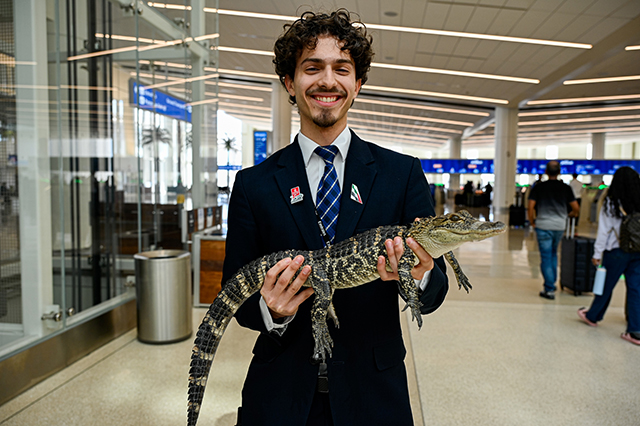 2025 Halloween at MCO photo of a man holding a baby alligator in his hands.