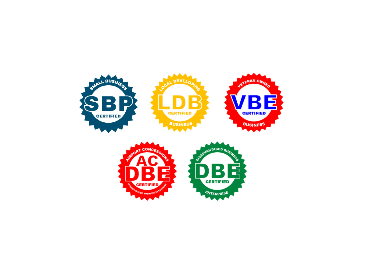 Picture of certification badges: SBP, LPB, VBE, ACDBE, DBE