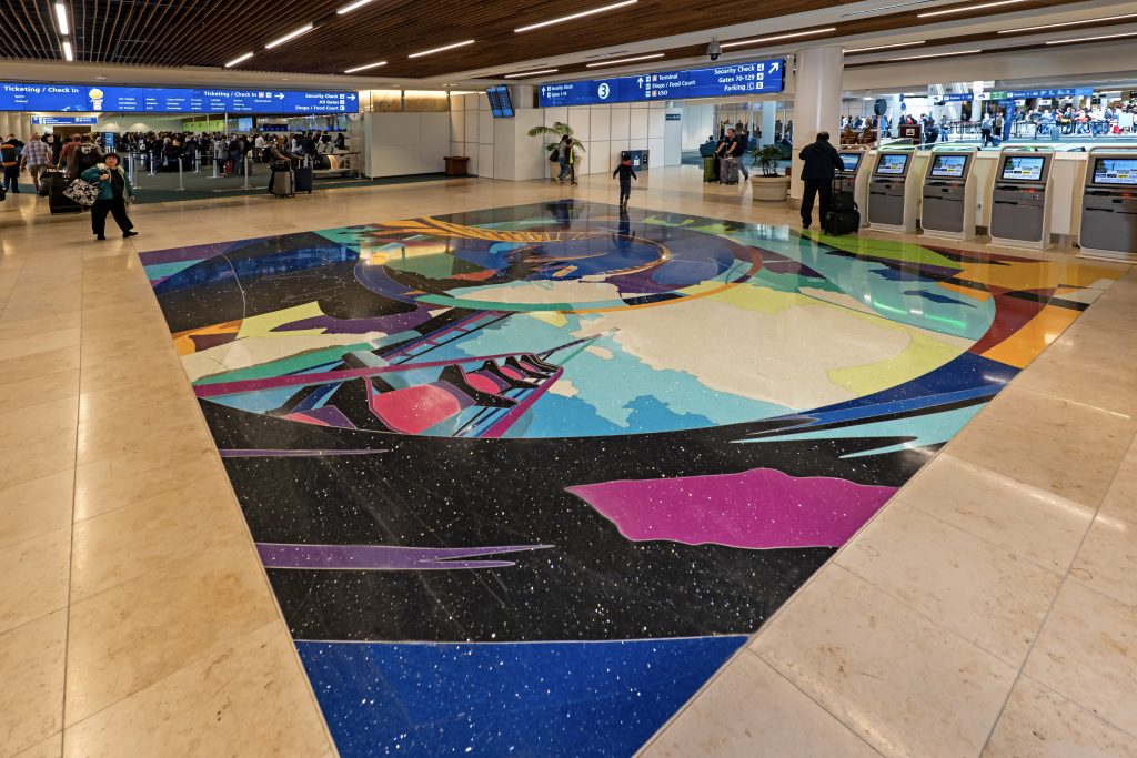 Artist: Scott Parsons
Details: 2017, 28 x 32 feet, epoxy terazzo floor
Collection: GOAA Art Collection
Location: Terminal B, Level 3, Entrance near Security Checkpoint for Gates 1-59