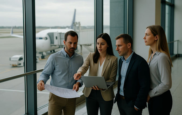 Group of four people in a terminal looking out towards airfield.