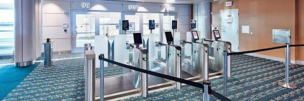 2018 photo of MCO's entry-and-exit facial recognition biometric technology system for international travelers.