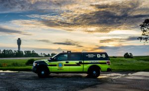 ARFF fire vehicle with GOAA tower in the background.