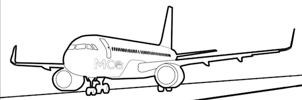 Coloring book cartoon of an airline landing.