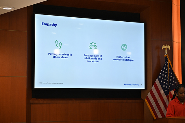 CSAC Culture Team - WORKSHOP Learn and Grow - Compassion Fatigue photo of a display screen showing a slide on empathy.