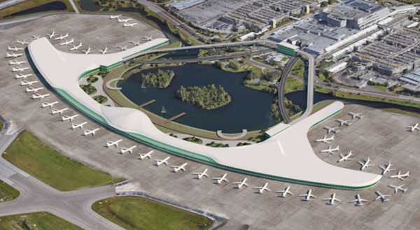 Aerial view of a proposed redesign of an existing terminal.