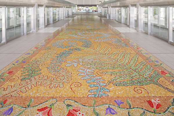 Artist: Henry Sinn
Details: 2000, 17 by 94 feet, Polished natural stone and vitreous ceramic
Collection: GOAA Art Collection
Location: Automated People Mover Station