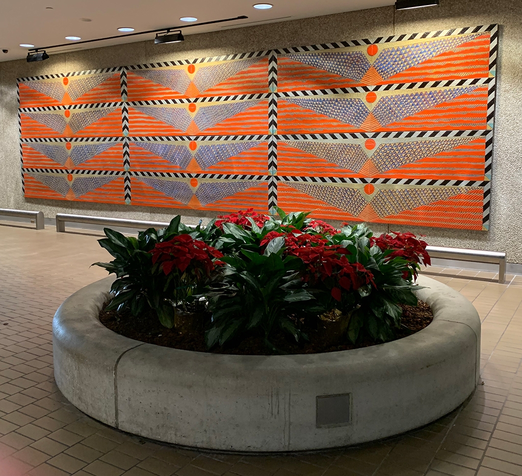 Artist: Frank Faulkner (1946-2018)
Details: 1981, 8 by 24 feet, Acrylic on canvas
Collection: GOAA Art Collection
Location: Terminals A & B, Level 3, Beyond Security Checkpoint for Gates 1-59