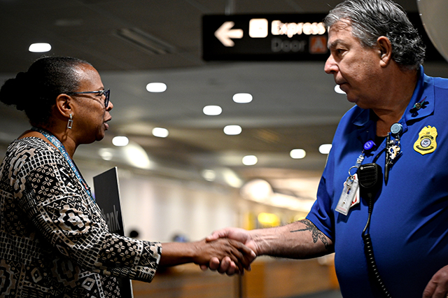 2025 Federal Airport Employee Appreciation Day photo of one federal TSA employee being welcomed to the event.