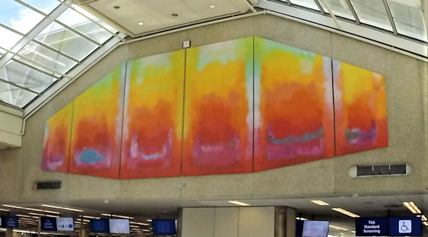 Artist: Trevor Bell (1930-2017)
Details: 1981, 17 by 43 feet, Oil on canvas
Collection: GOAA Art Collection
Location: Terminals A & B, Level 3, Security Checkpoint for Gates 1-59