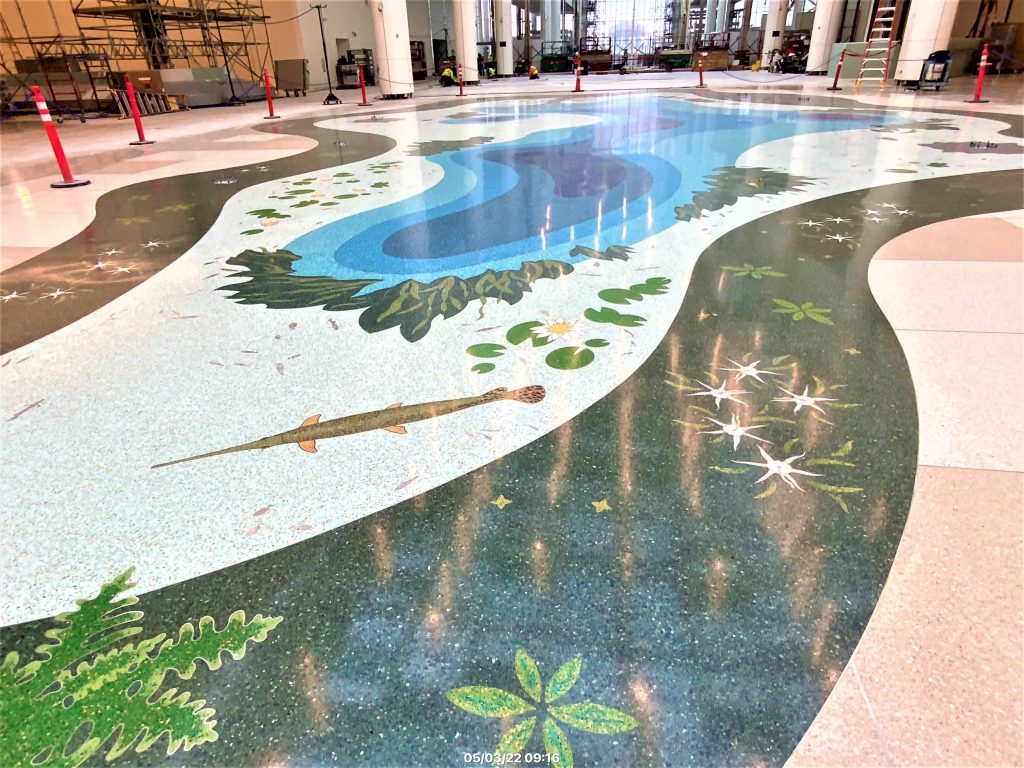 Artist: Vickie Wilson
Details: 2022, 84 by 48 feet, Epoxy terrazzo floor
Collection: GOAA Art Collection
Location: International Arrivals