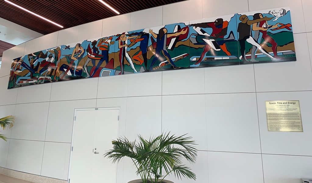 Artist: Jacob Lawrence (1917-2000)
Details: 1988, 4 feet by 32 feet, Enamel on steel
Collection: GOAA Art Collection
Location: Train Station, Level 3