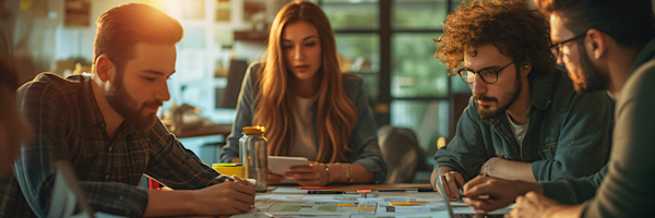 A group of people at a table working for a small business.