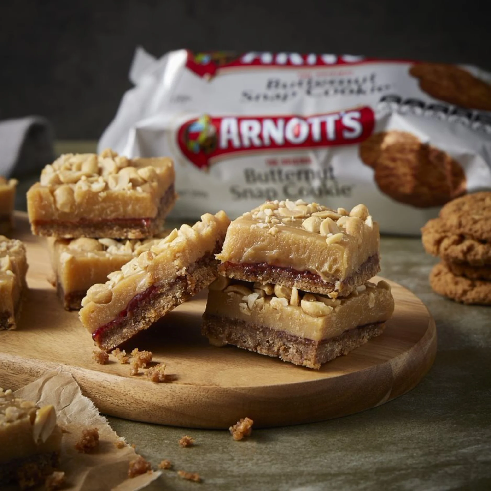 Hero Image Recipe The Heyfield Community Butternut Snap, Peanut, Jam and Caramel Slice