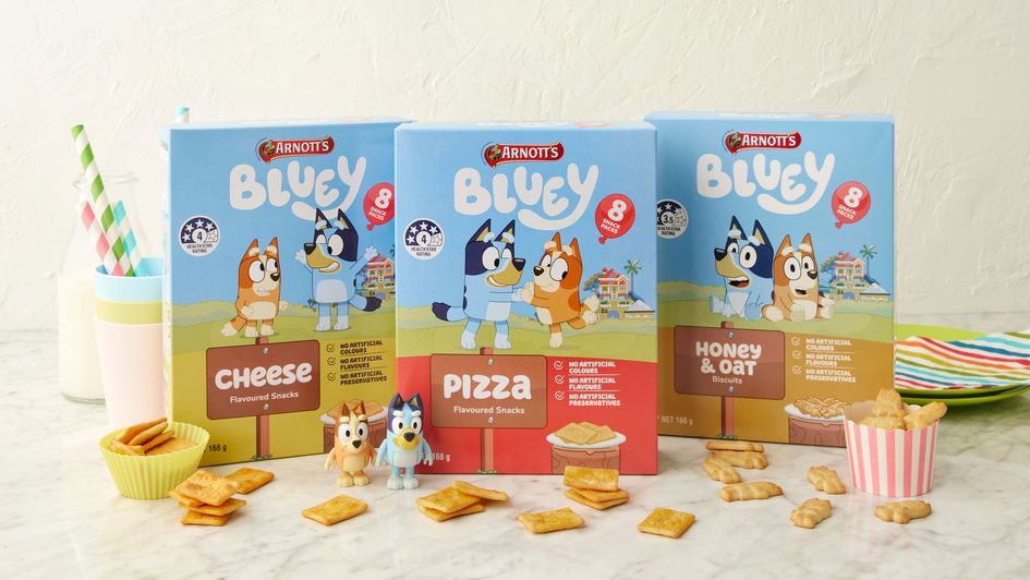 New Arnott's Bluey Biscuit range, including Pizza, Cheese and Honey & Oat