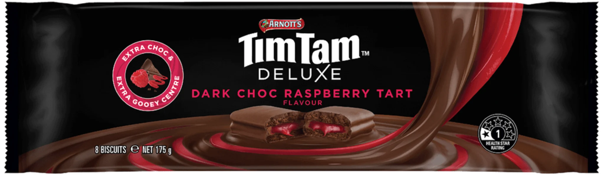 Pack shot for Arnott's Deluxe Dark Choc Raspberry Tim Tams