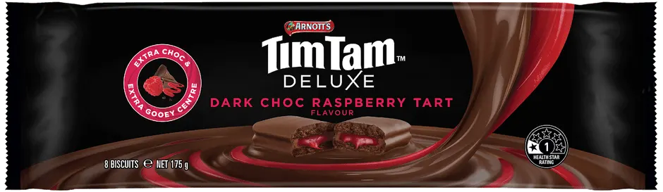 Pack shot for Arnott's Deluxe Dark Choc Raspberry Tim Tams