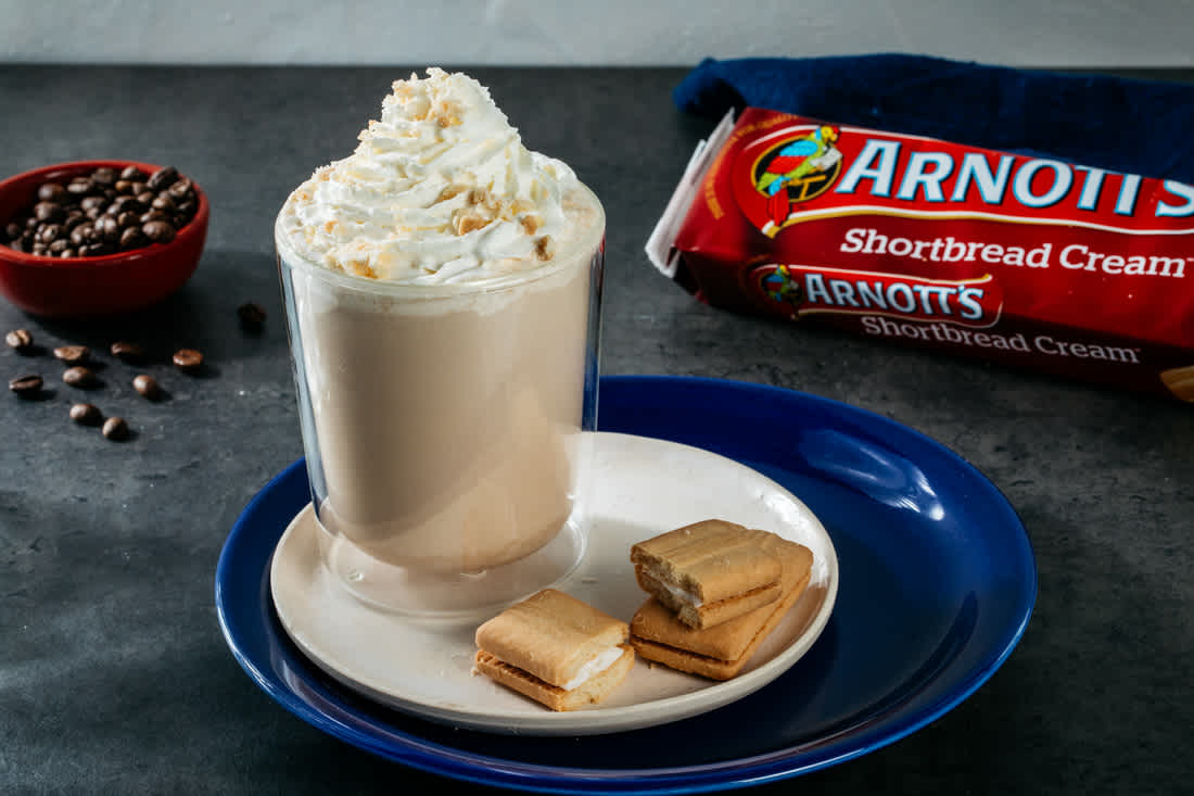 Image of Arnott's Shortbread Cream Iced Coffee, with Shortbread Cream Biscuits