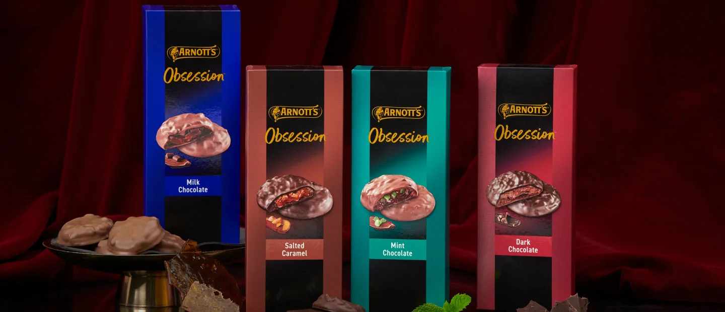 Range Pack Shot for Arnott's Obsession Biscuits