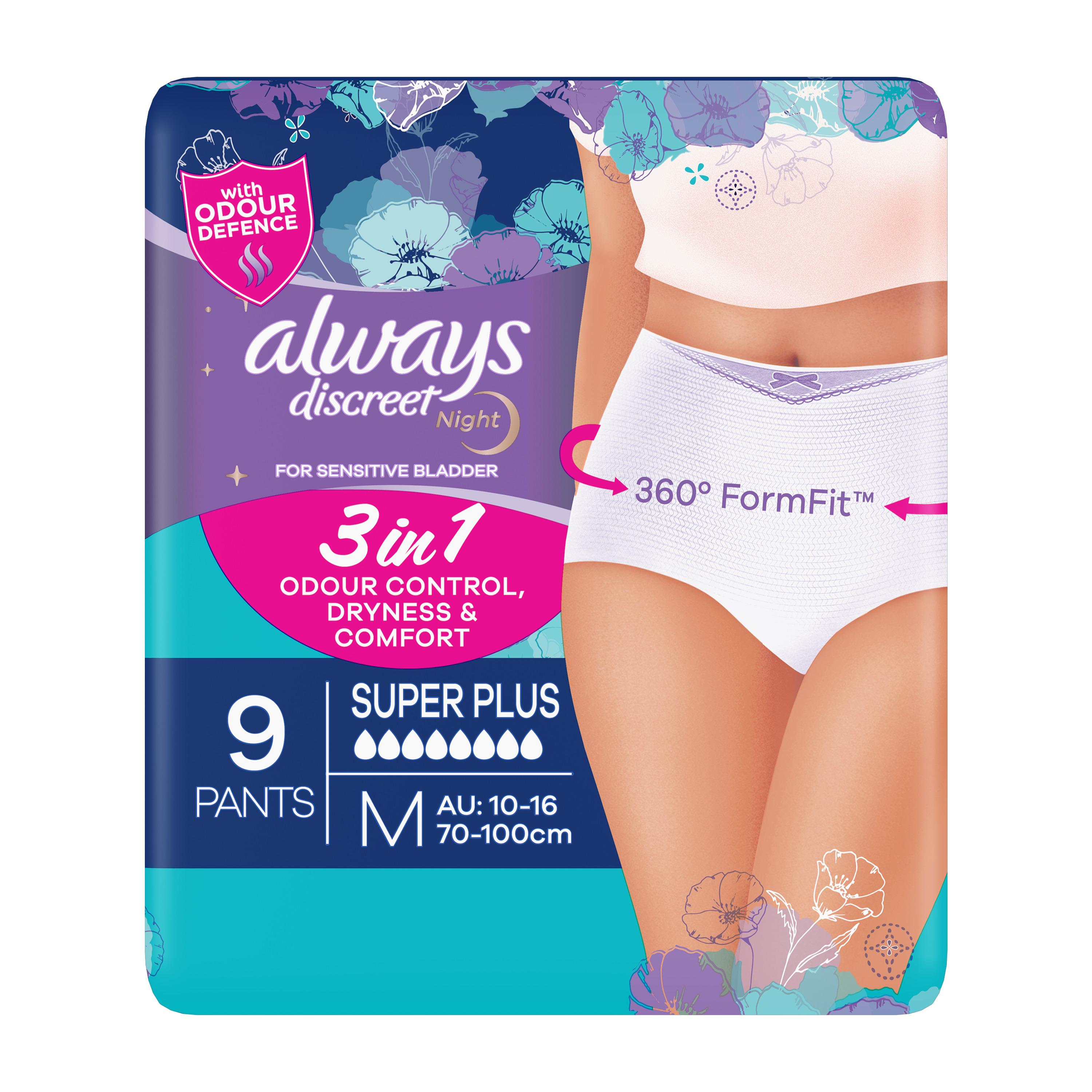 Pack of Always Discreet Incontinence, underwear for day or night usage, medium size with 360° FormFit, 9 pants