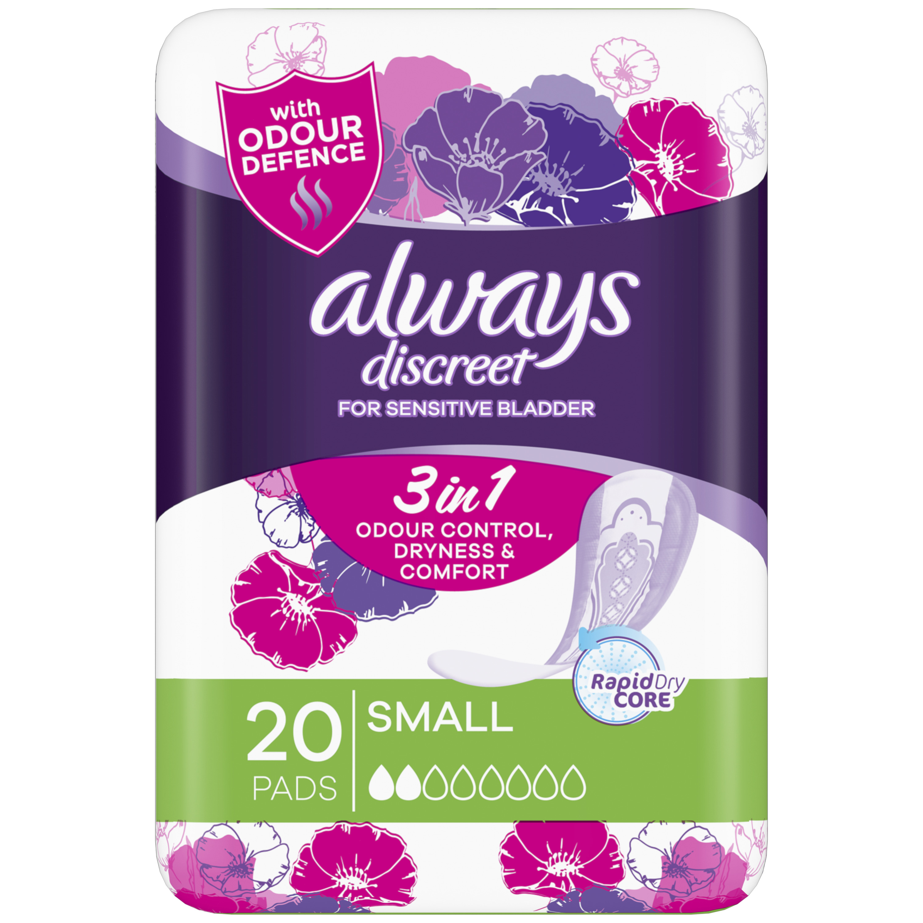 Pack of Always Discreet Incontinence, small size, 20 pads