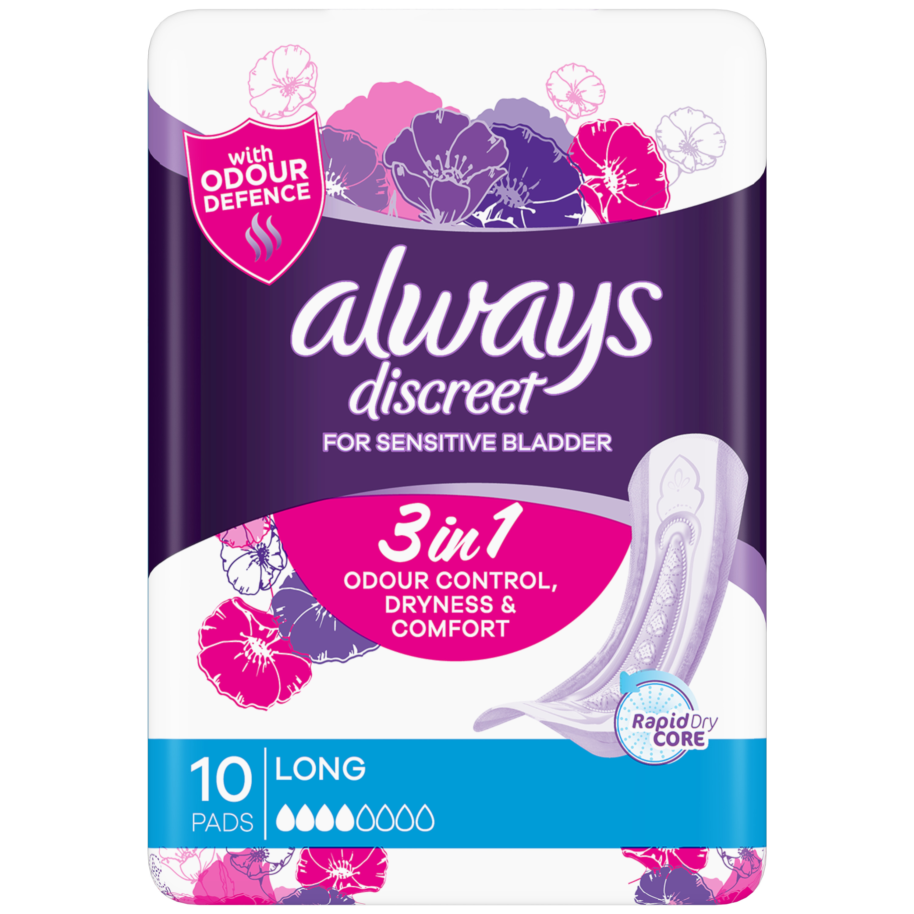 Pack of Always Discreet Incontinence, long size, 10 pads