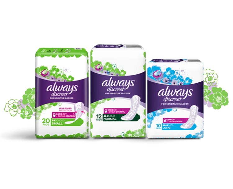 Various packs of Always Discreet pads packs available online