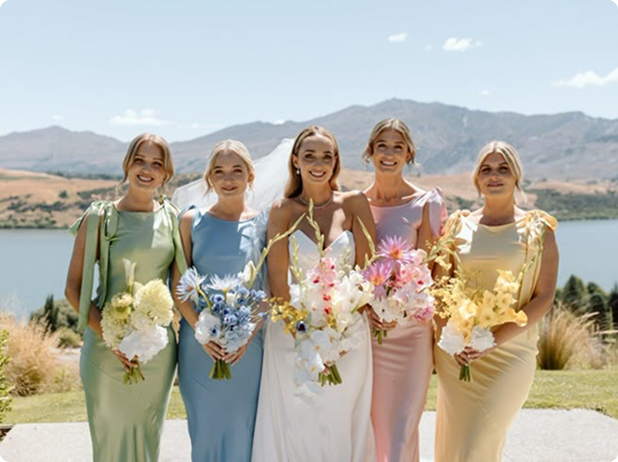 four bridesmaids and a bride stand in front of a lake holding flowers