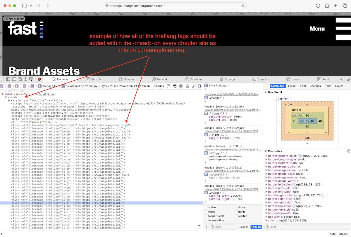 Screenshot of how to implement cureangelman.org hreflang tags