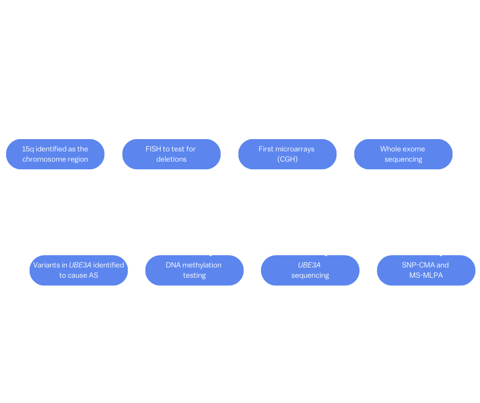 A timeline showing the evolution of genetic testing from 1987 to present.