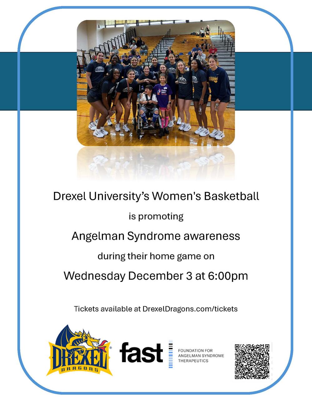 Drexel University Flyer supporting Angelman syndrome awareness at women's basketball game