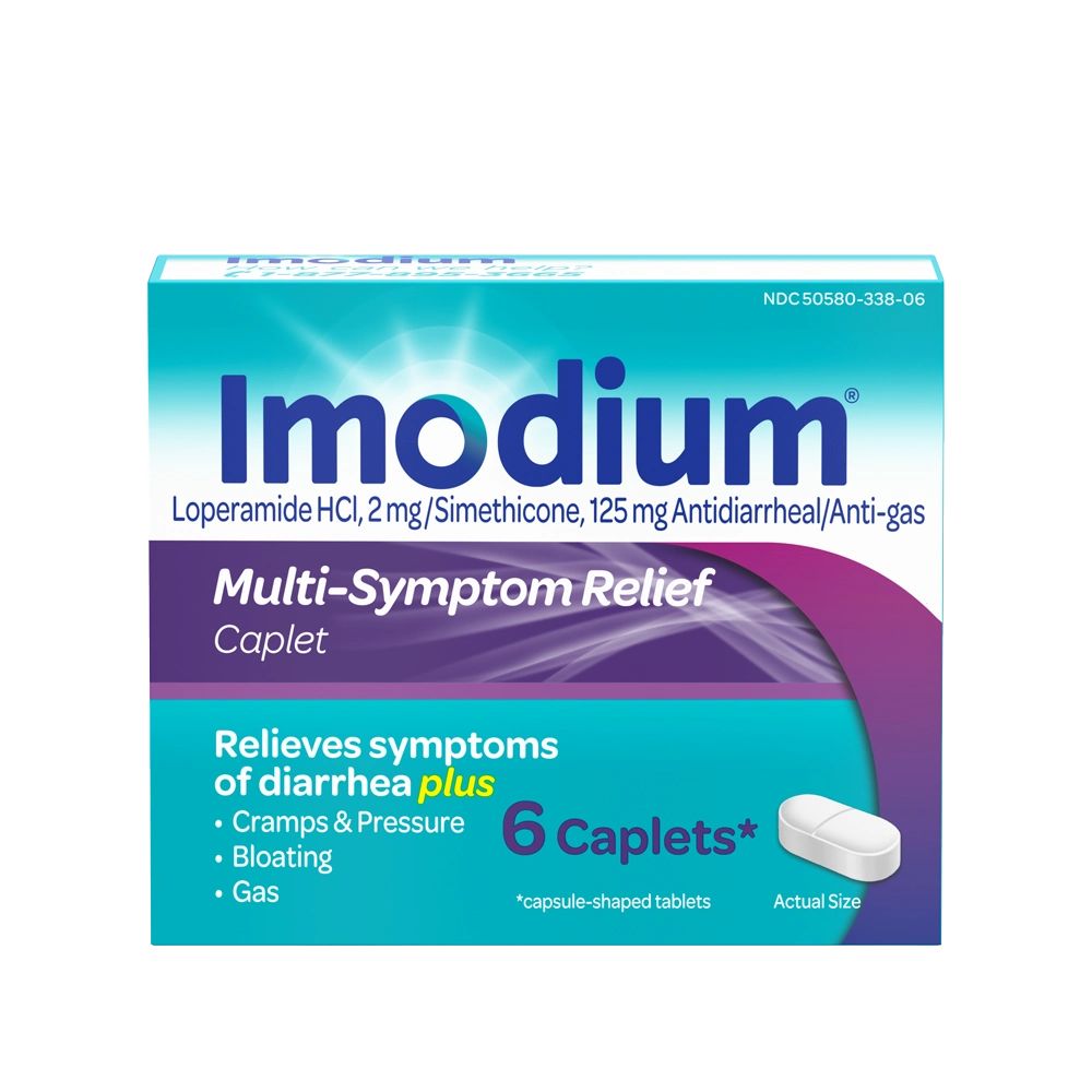 IMODIUM® Multi-Symptom Anti-Diarrheal Relief Medicine Caplets, Loperamide & Simethicone Pills for Diarrhea - 6 Count - Front Package