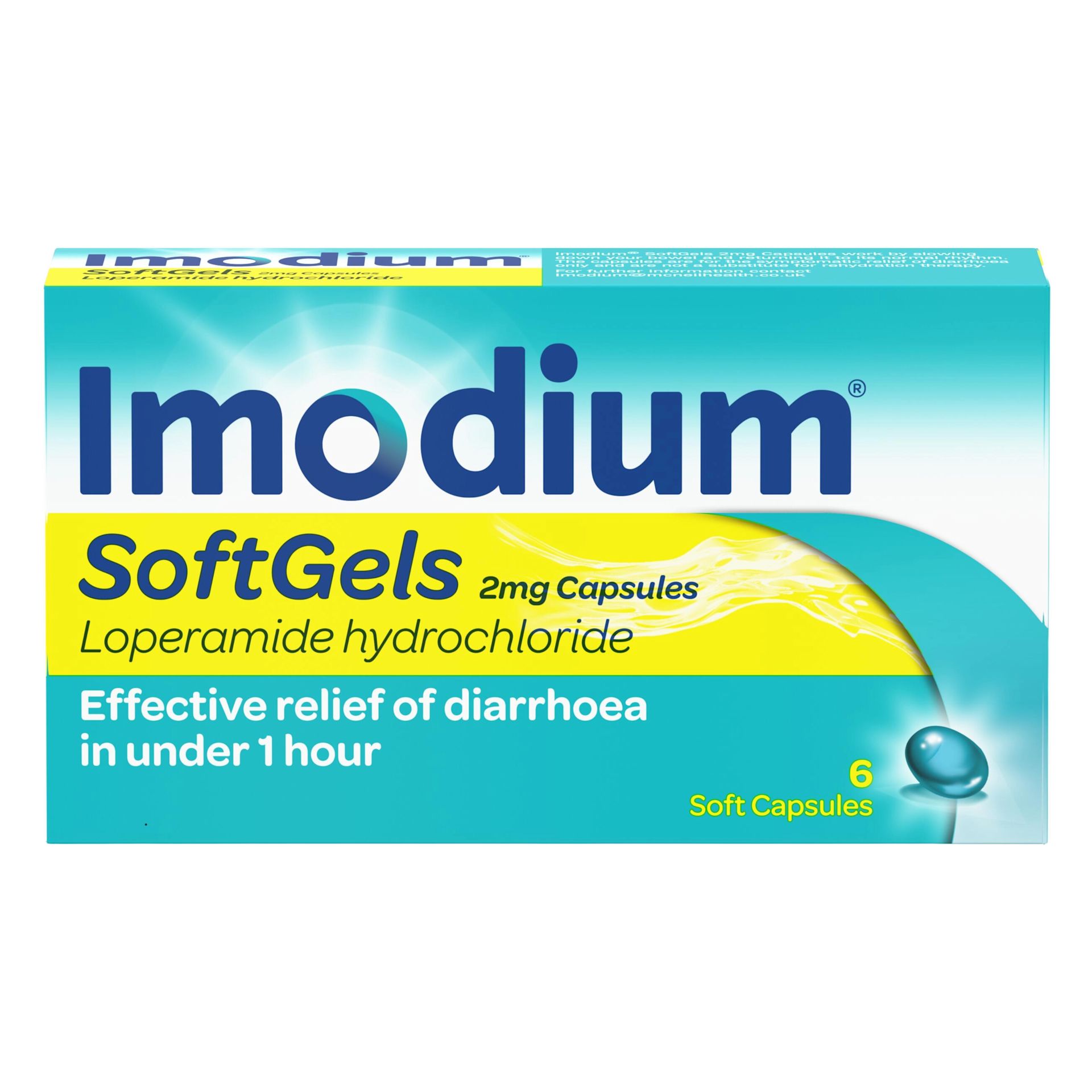 Close up of IMODIUM® SoftGels Capsules product packaging -en-US