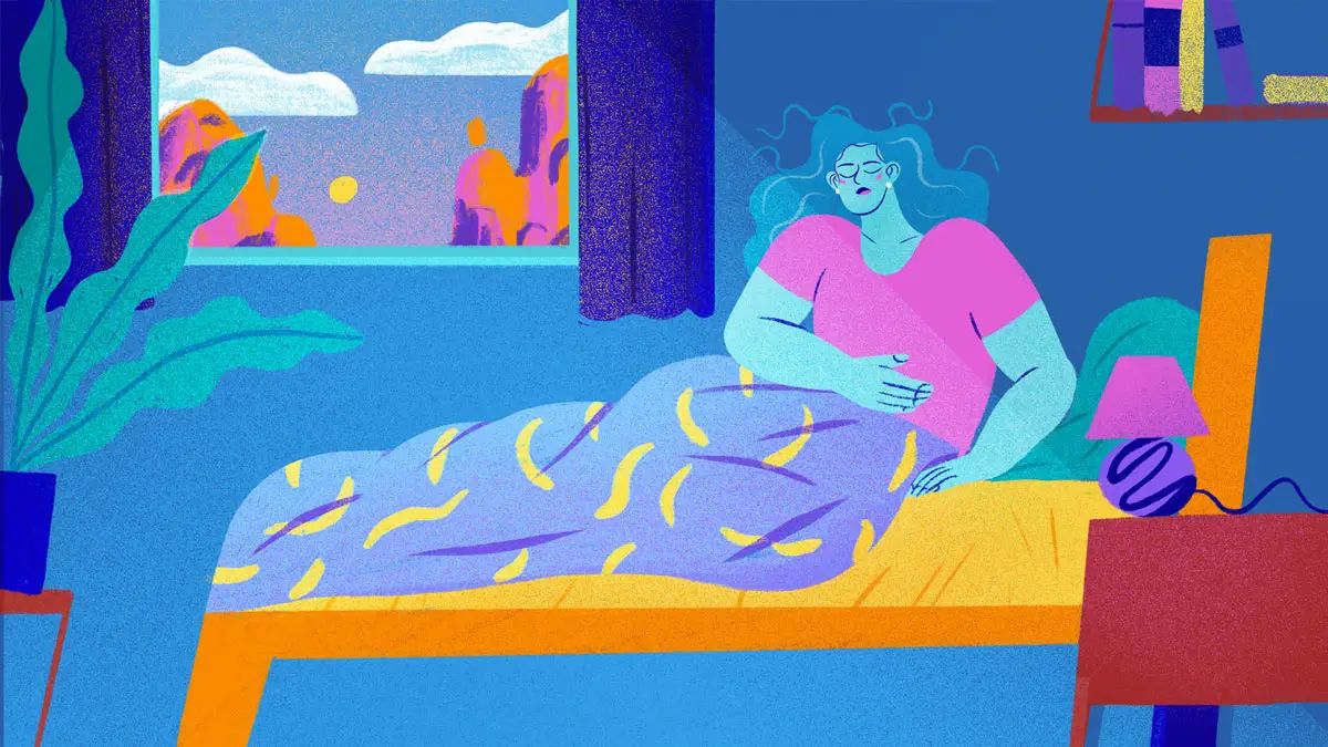 Female character lying in bed, looking uncomfortable and restless, struggling to find a position to relax due to diarrhea symptoms.