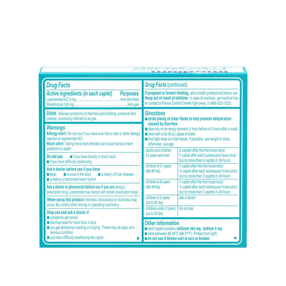 IMODIUM® Multi-Symptom Anti-Diarrheal Relief Medicine Caplets, Loperamide & Simethicone Pills for Diarrhea - 6 Count - Back Package