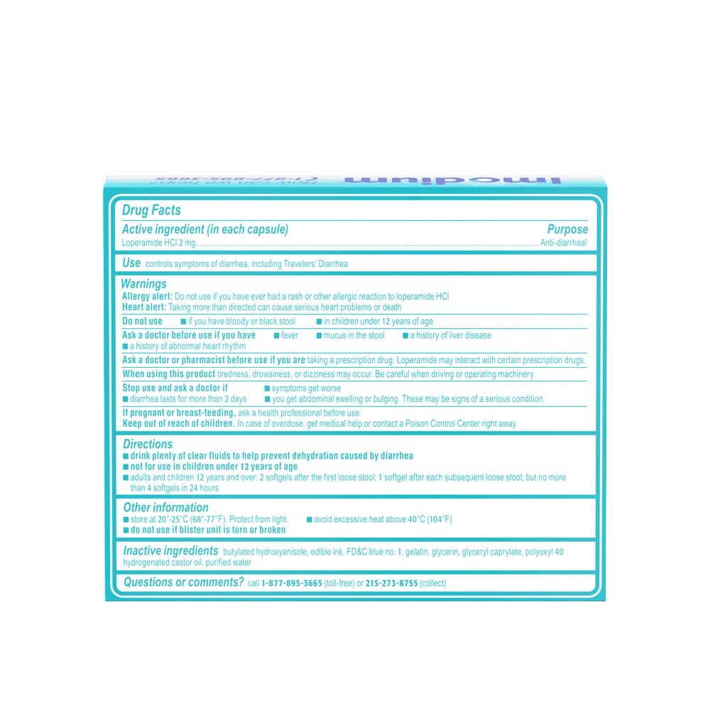 IMODIUM® A-D Anti-Diarrheal Softgels 12 count package back