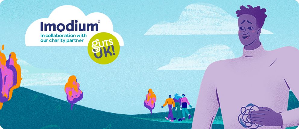 Illustration of smiling woman looking at Imodium and Guts UK Charity partnership