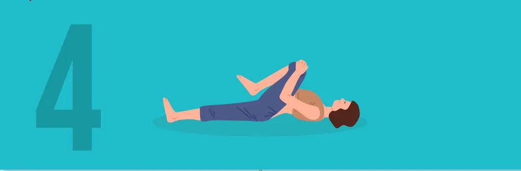 Woman lying on the ground pulling her right knee towards her in a wind-relieving yoga position (Pawanmuktasana)