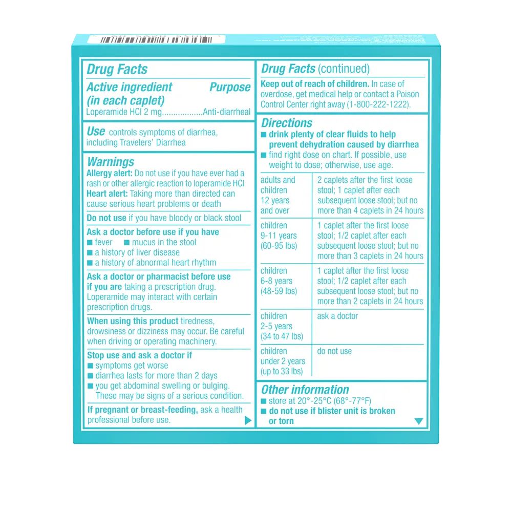IMODIUM® A-D Anti-Diarrheal Caplets 6 count package back