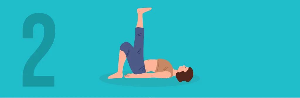 Woman lying on the ground with one leg up in a wind-relieving yoga position (Pawanmuktasana)